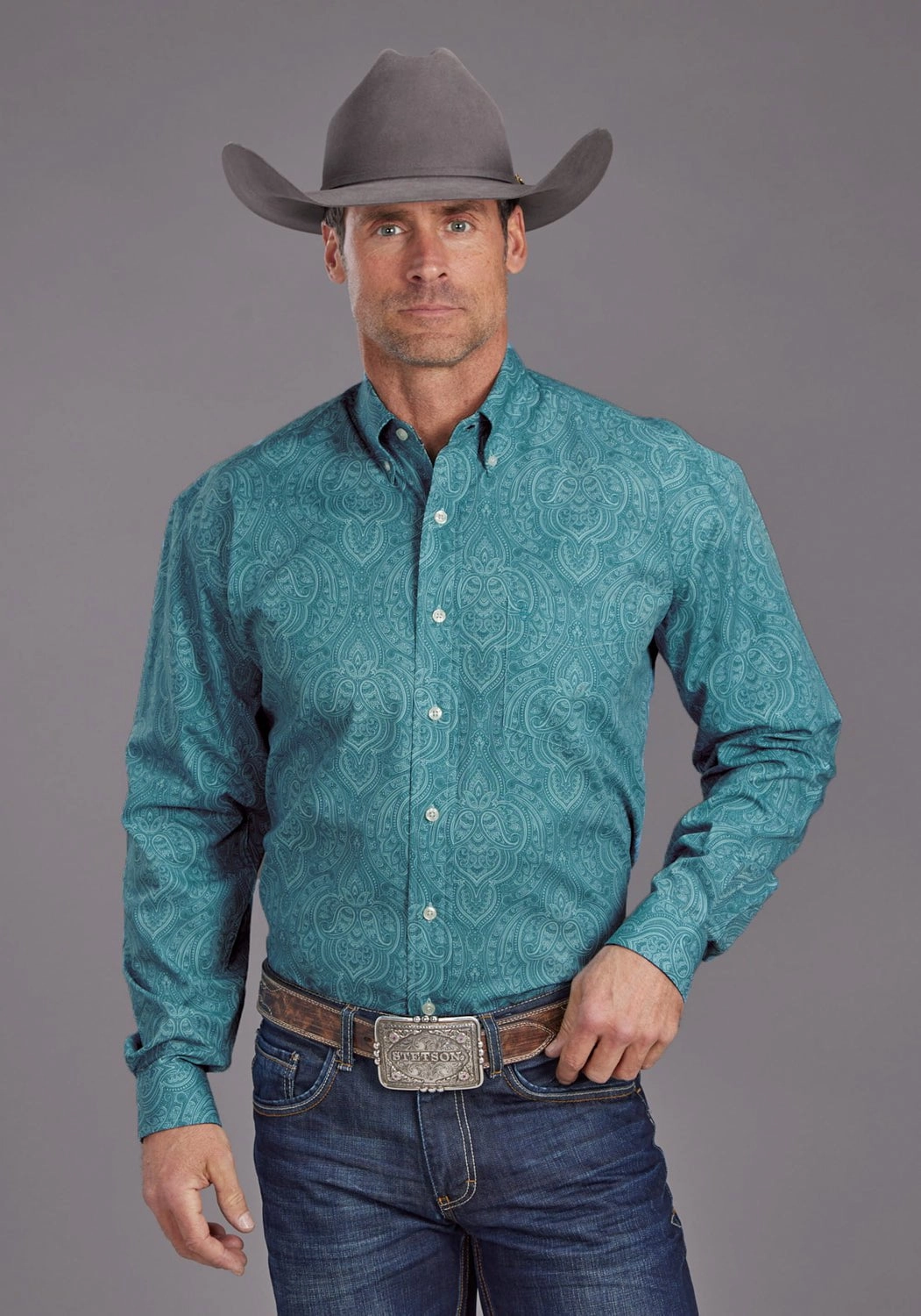 Versatile Style Layered Look Stetson Mens Aquamarine Paisley Blue 100% Cotton 1 Pkt L/S Shirt