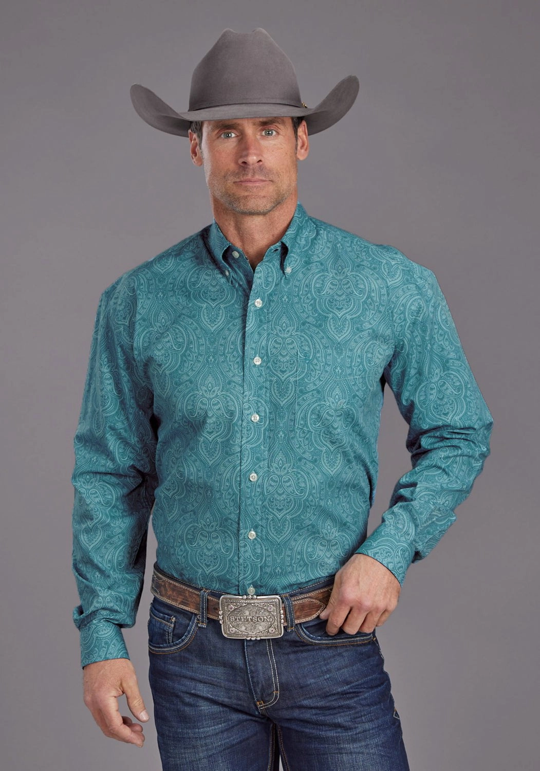 Plus size option Unisex Option Stetson Mens Aquamarine Paisley Blue 100% Cotton 1 Pkt L/S Shirt