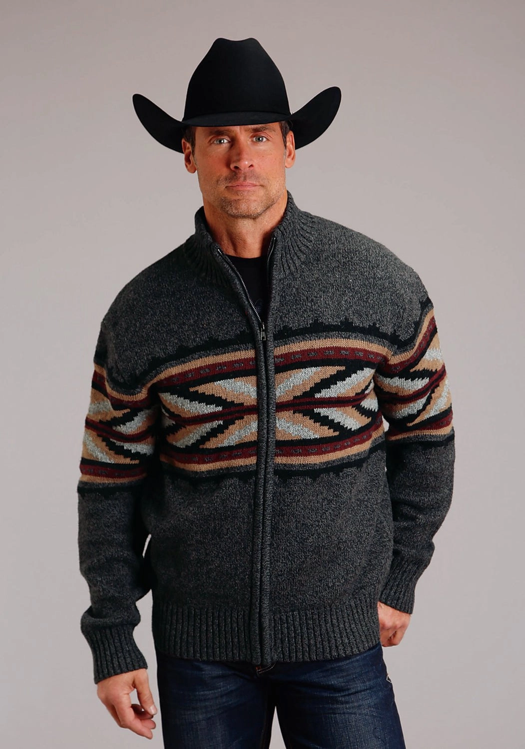 Mature Elegance Stetson Mens Arrow Border Grey Cotton/Wool L/S Cardigan Sweater