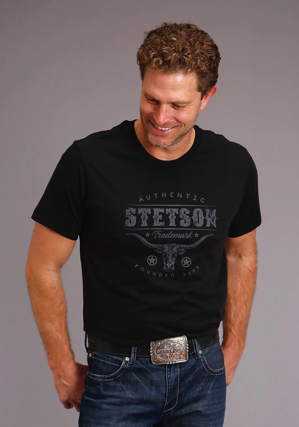 Creative Professional Urban Edge Stetson Mens Black 100% Cotton Steer Head S/S Trademark T-Shirt