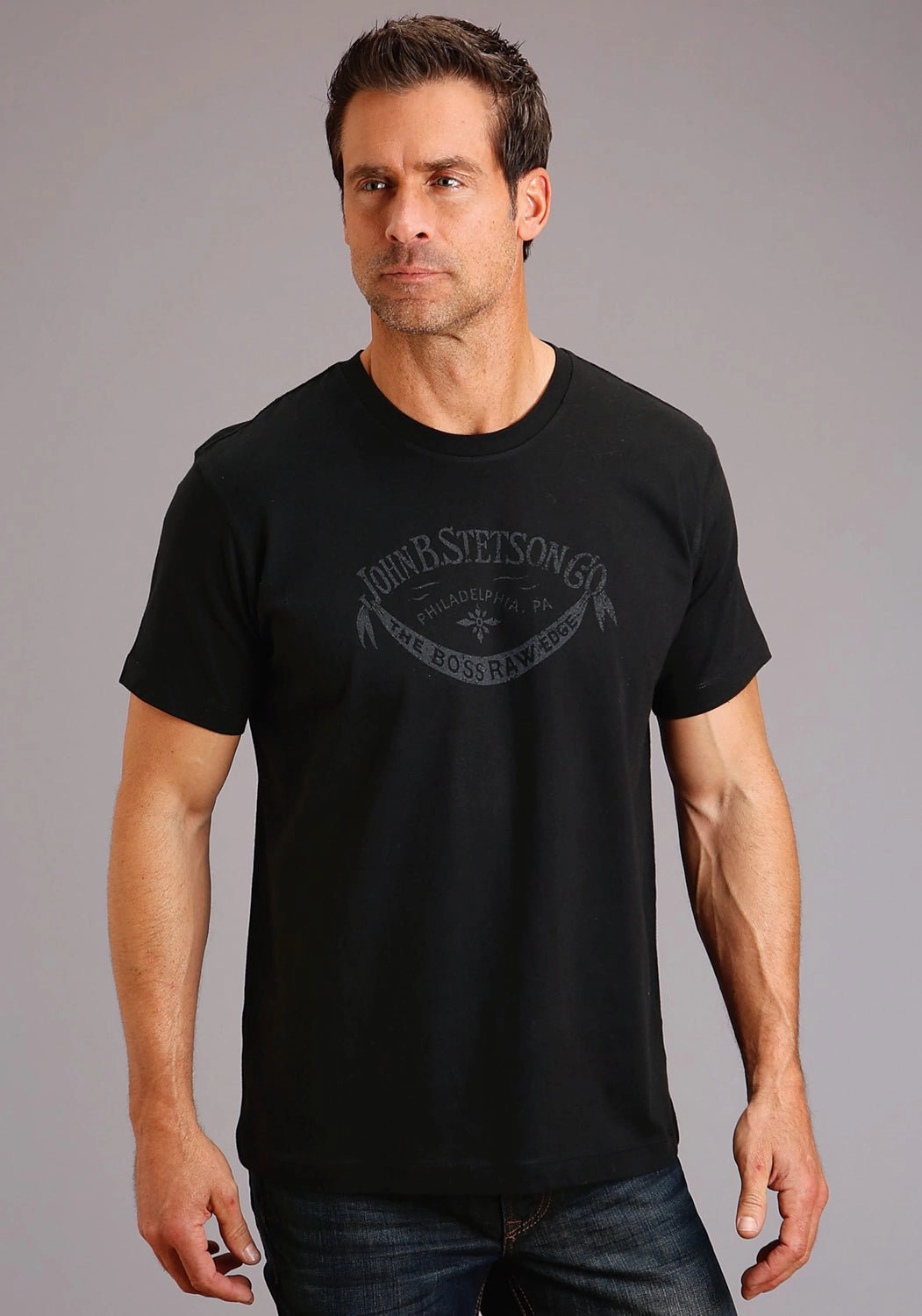 Stetson Mens Black 100% Cotton The Boss S/S Raw Edge T-Shirt Durable Thread Construction Printed Pattern
