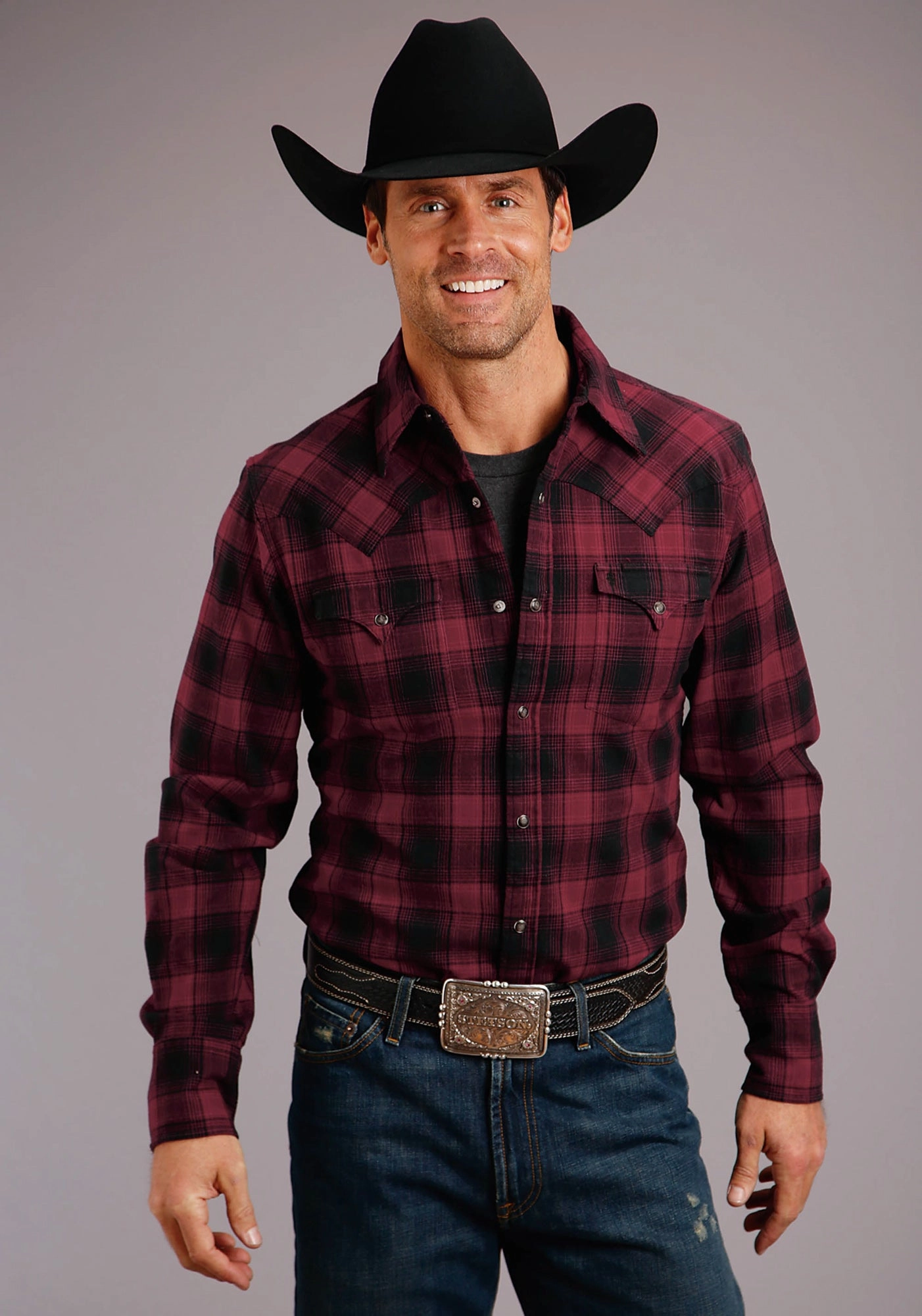 All-Weather Ready Stetson Mens Black/Red 100% Cotton Check Mate L/S Shirt