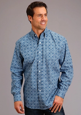 Stetson Mens Blue 100% Cotton Baroque BD L/S 1 Pocket Shirt Streamlined Design