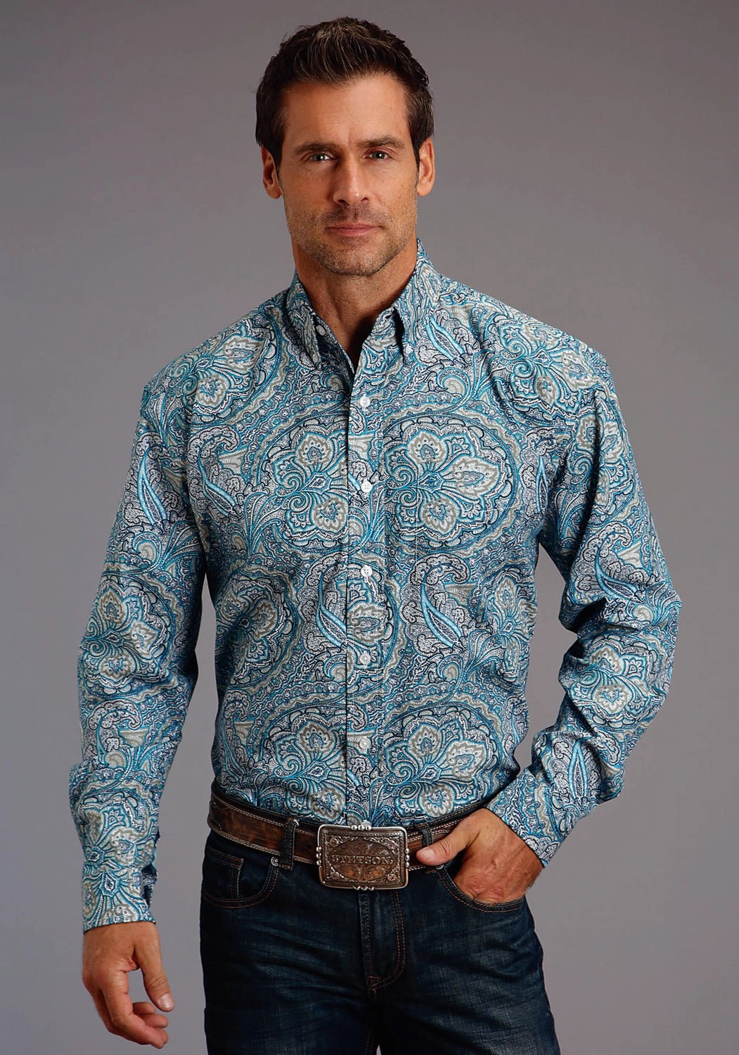 Business Meeting Tailored Style Stetson Mens Blue 100% Cotton Deep Sea Paisley BD L/S 1 Pkt Shirt