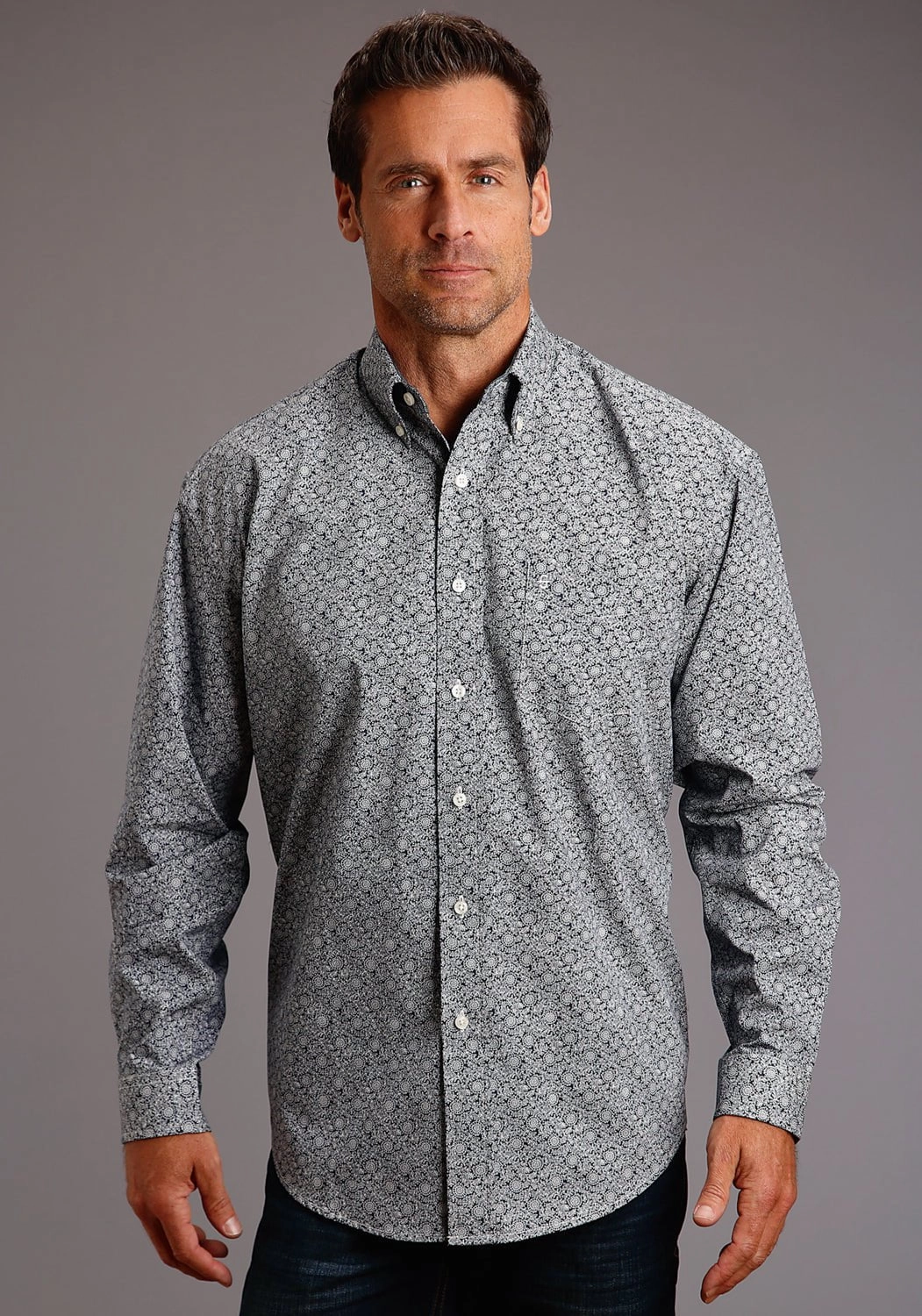 Stetson Mens Blue 100% Cotton Vintage Vine BD L/S 1 Pocket Shirt UV Protective Coating