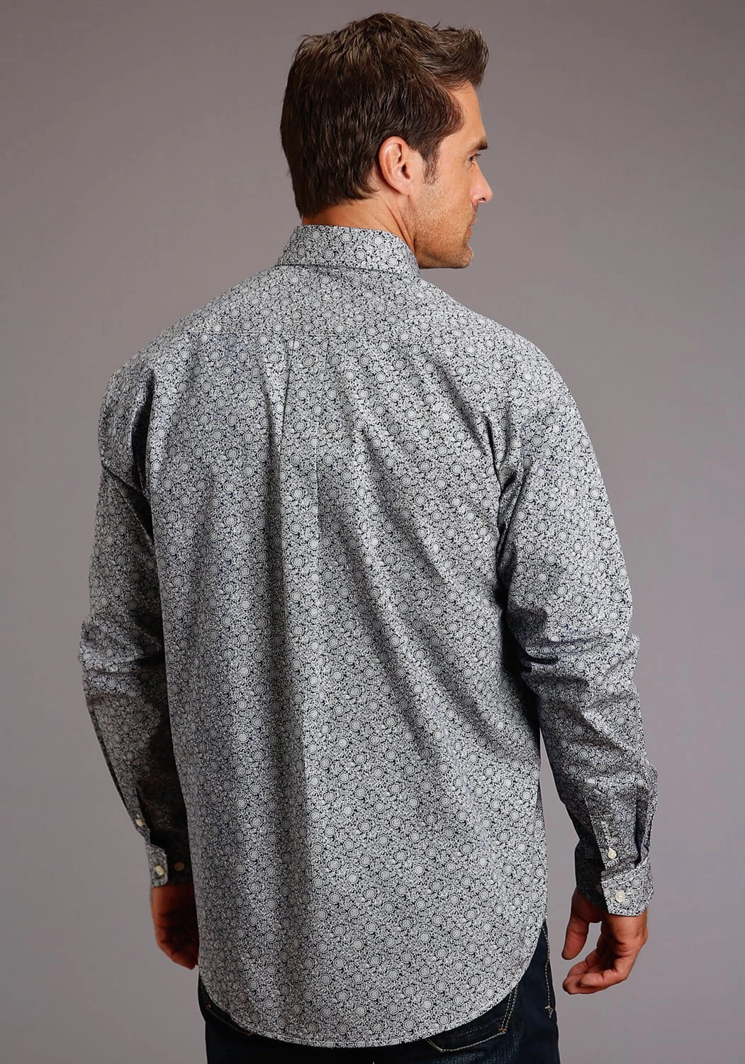 Stetson Mens Blue 100% Cotton Vintage Vine BD L/S 1 Pocket Shirt Modern Fit Ruffle Edge