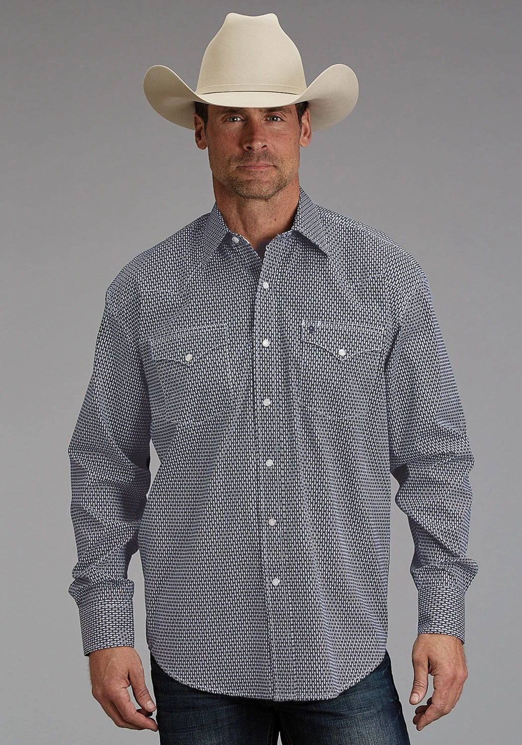 Stetson Mens Broken Diamond Navy 100% Cotton L/S Shirt checkered pattern