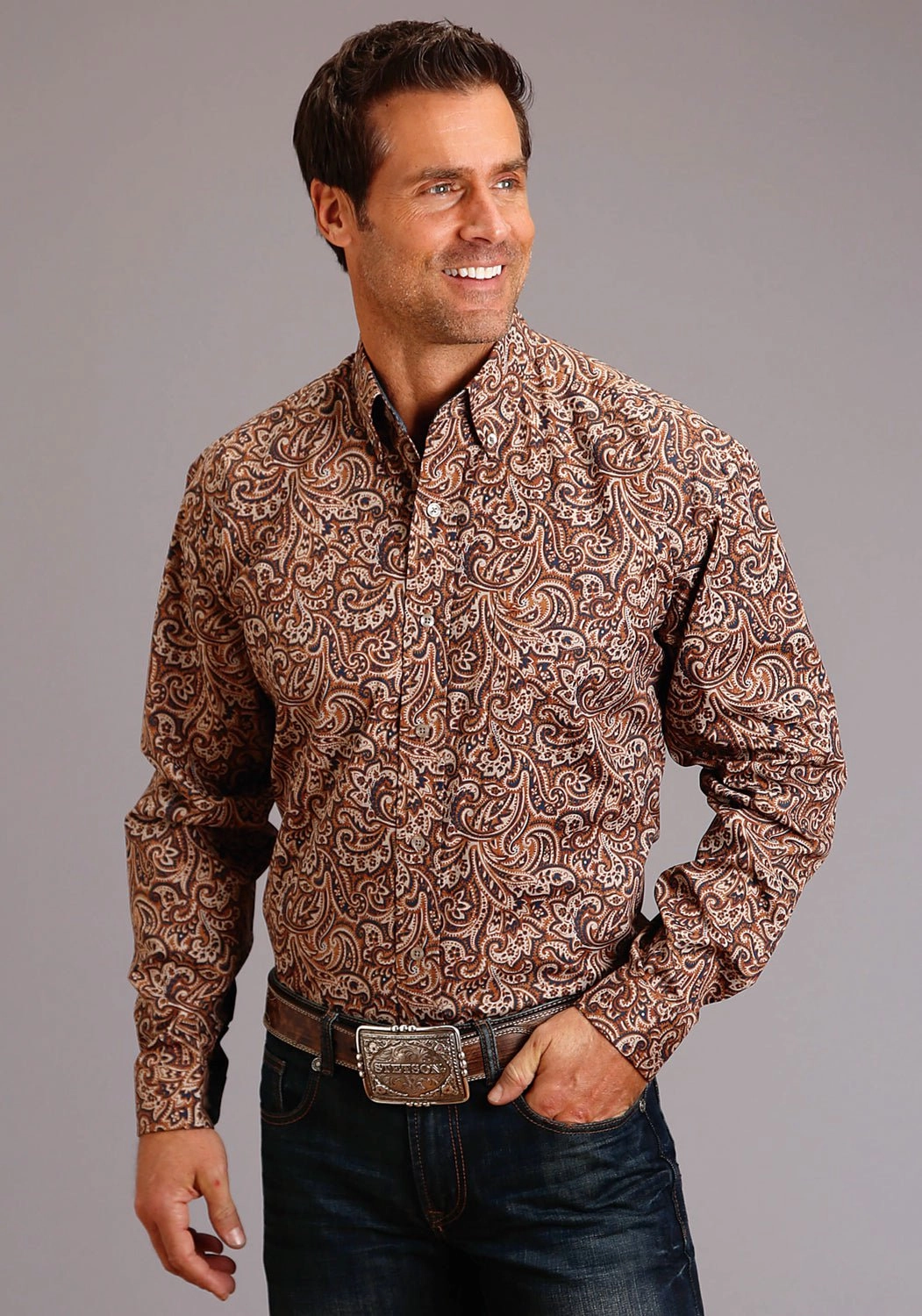 Pure Cotton Floral Motif Stetson Mens Brown 100% Cotton Leather Paisley BD L/S 1 Pocket Shirt
