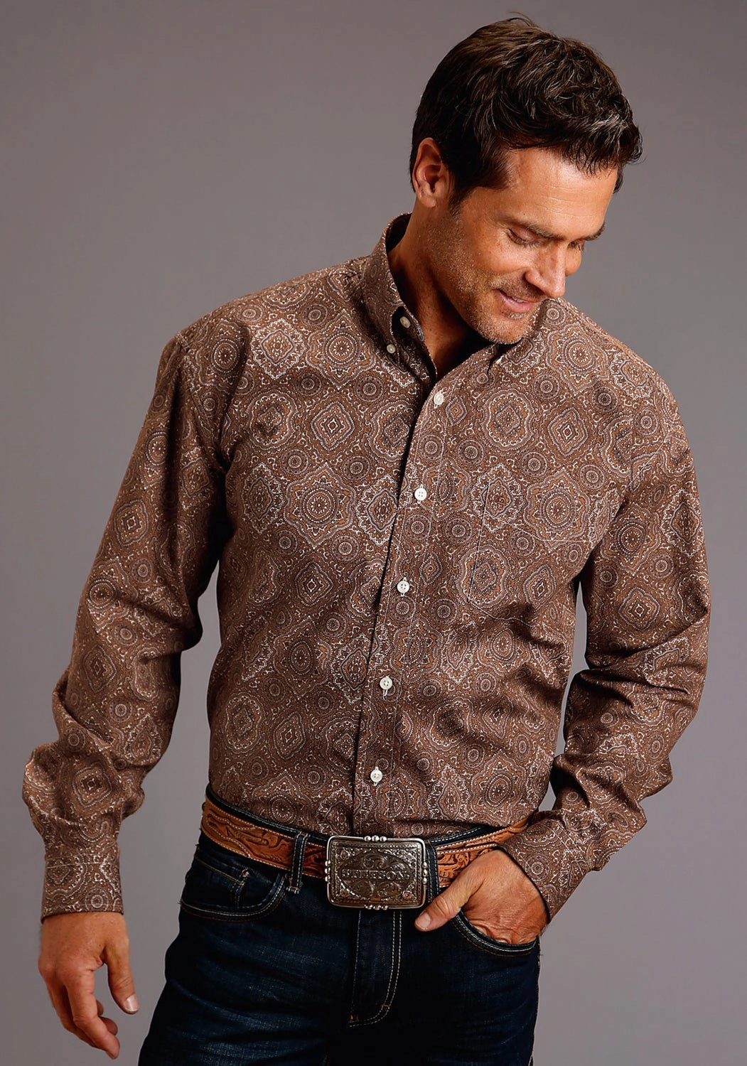Embroidered Logo Day-To-Night Wear Stetson Mens Brown 100% Cotton Medallion Paisley BD L/S 1 Pocket Shirt