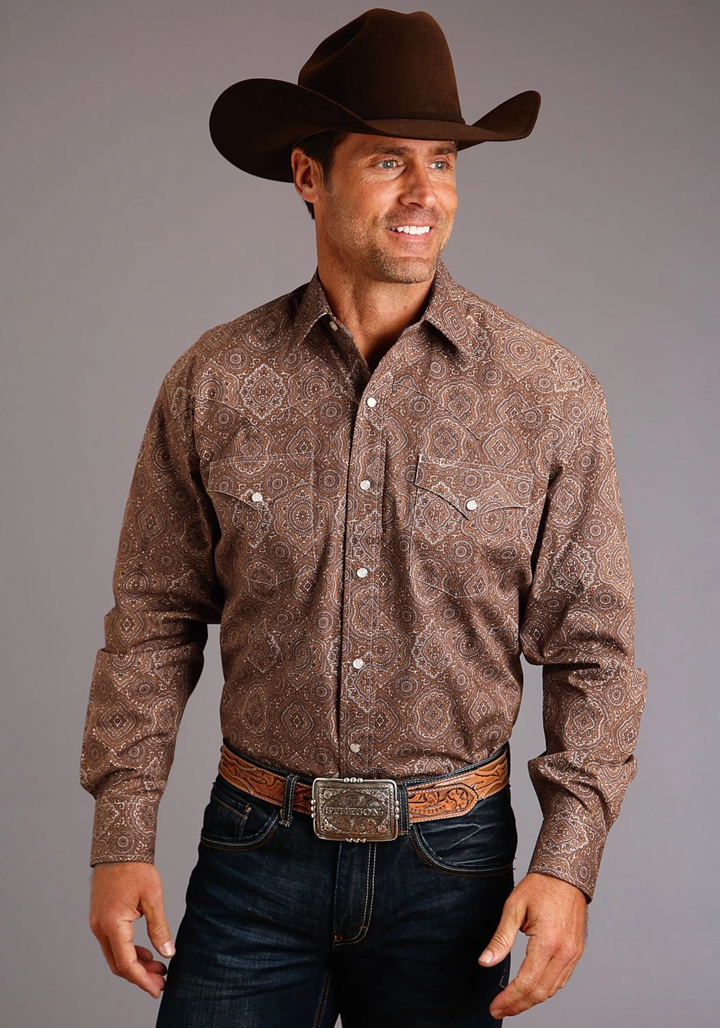 Street Fashion Shimmer Effect Stetson Mens Brown 100% Cotton Medallion Paisley L/S 2 Pkt Shirt