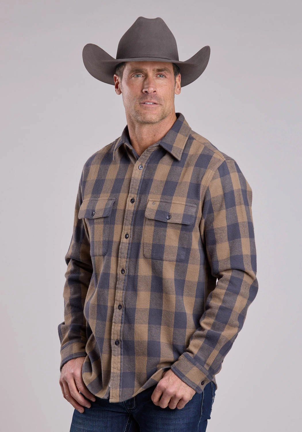 Durable Stitching Stetson Mens Brushed Buffalo Check Brown/Gray 100% Cotton Btn L/S Shirt