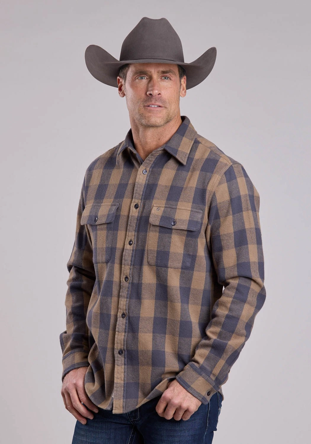 Artistic Design Stetson Mens Brushed Buffalo Check Brown/Gray 100% Cotton Btn L/S Shirt