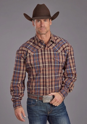 Layering Essential Beach Attire Stetson Mens Brushed Twill Plaid Brown 100% Cotton L/S Shirt