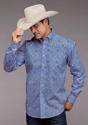 Stetson Mens Chambray Medallion Paisley Blue 100% Cotton 1 Pkt L/S Shirt Layered Hemline