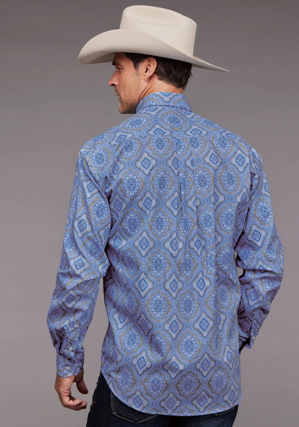 Stetson Mens Chambray Medallion Paisley Blue 100% Cotton 1 Pkt L/S Shirt Statement Maker