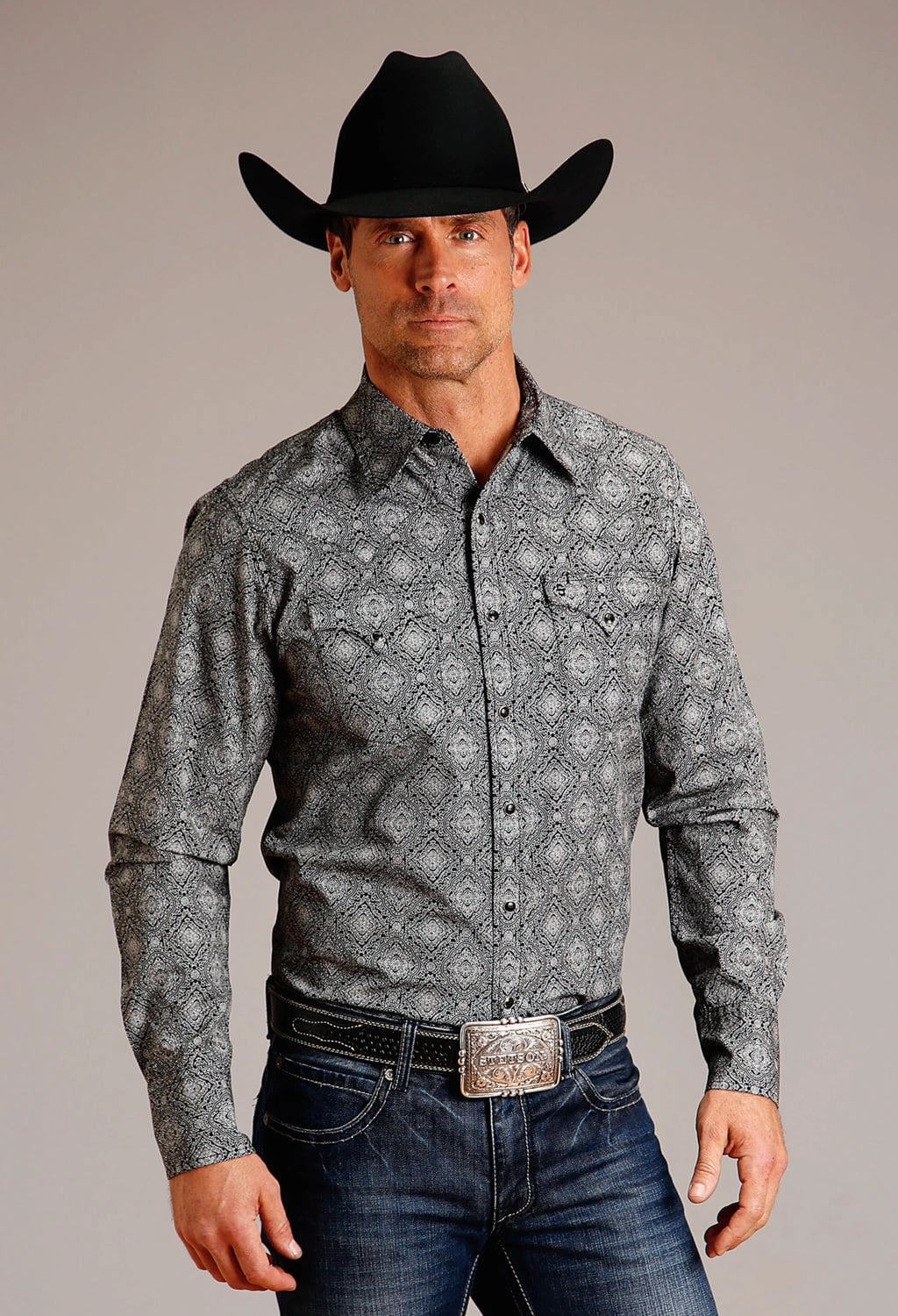 Edgy Fashion Mix-And-Match Stetson Mens Classic Medallion Black 100% Cotton L/S Shirt