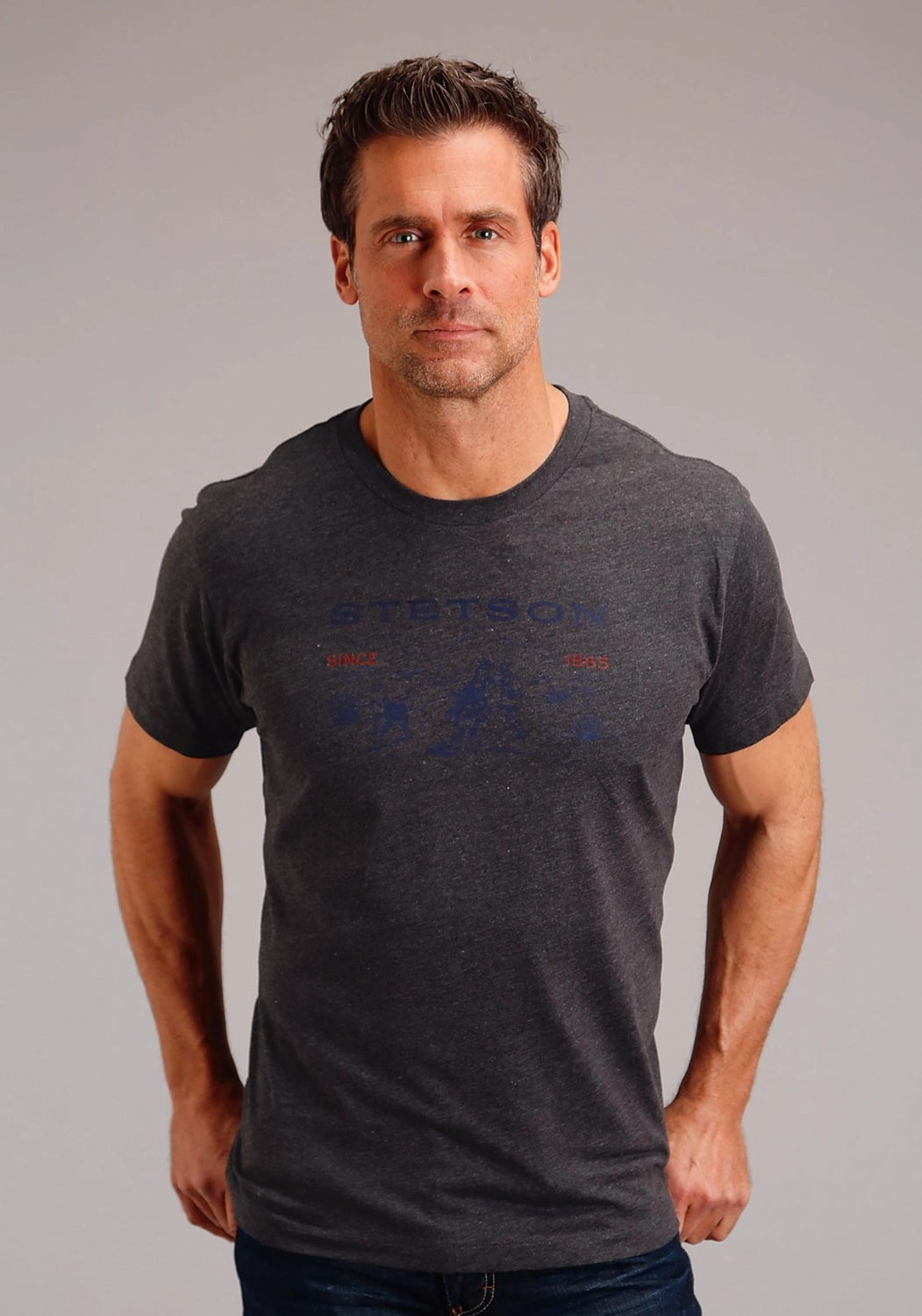 Trend-Driven Stetson Mens Dark Grey Cotton Blend Desert Scene S/S T-Shirt