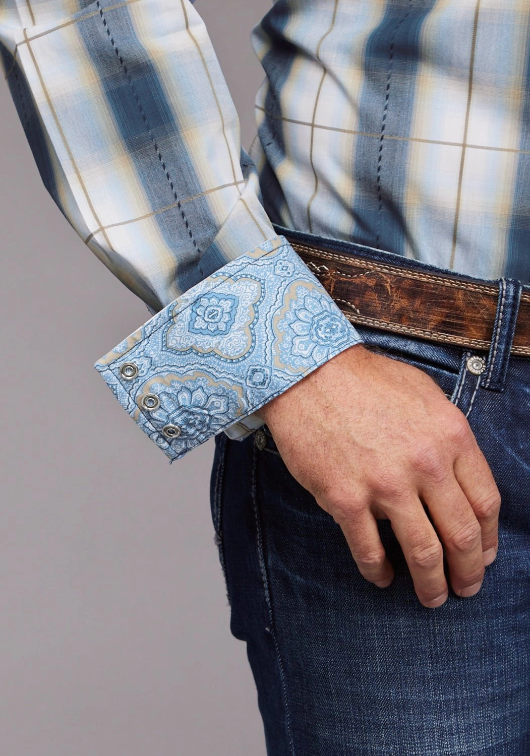 Stetson Mens Denim Dobby Plaid Blue 100% Cotton L/S Shirt Non Irritating Seams