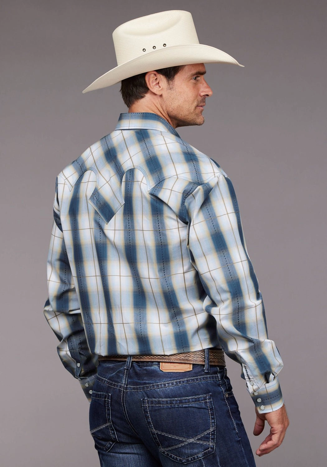 Current Style Trend-Driven Stetson Mens Denim Dobby Plaid Blue 100% Cotton L/S Shirt