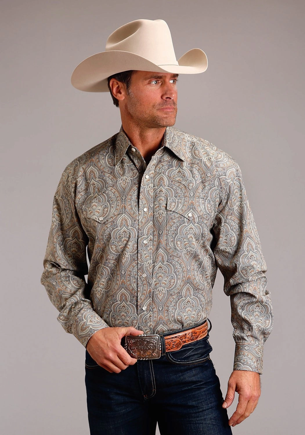 Stetson Mens Desert Medallion Paisley Brown 100% Cotton L/S Shirt Summer Must-have Holiday Gift