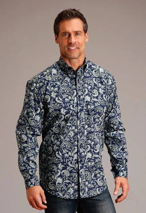 Stetson Mens Detailed Pailey Blue 100% Cotton L/S Shirt Sporty Look