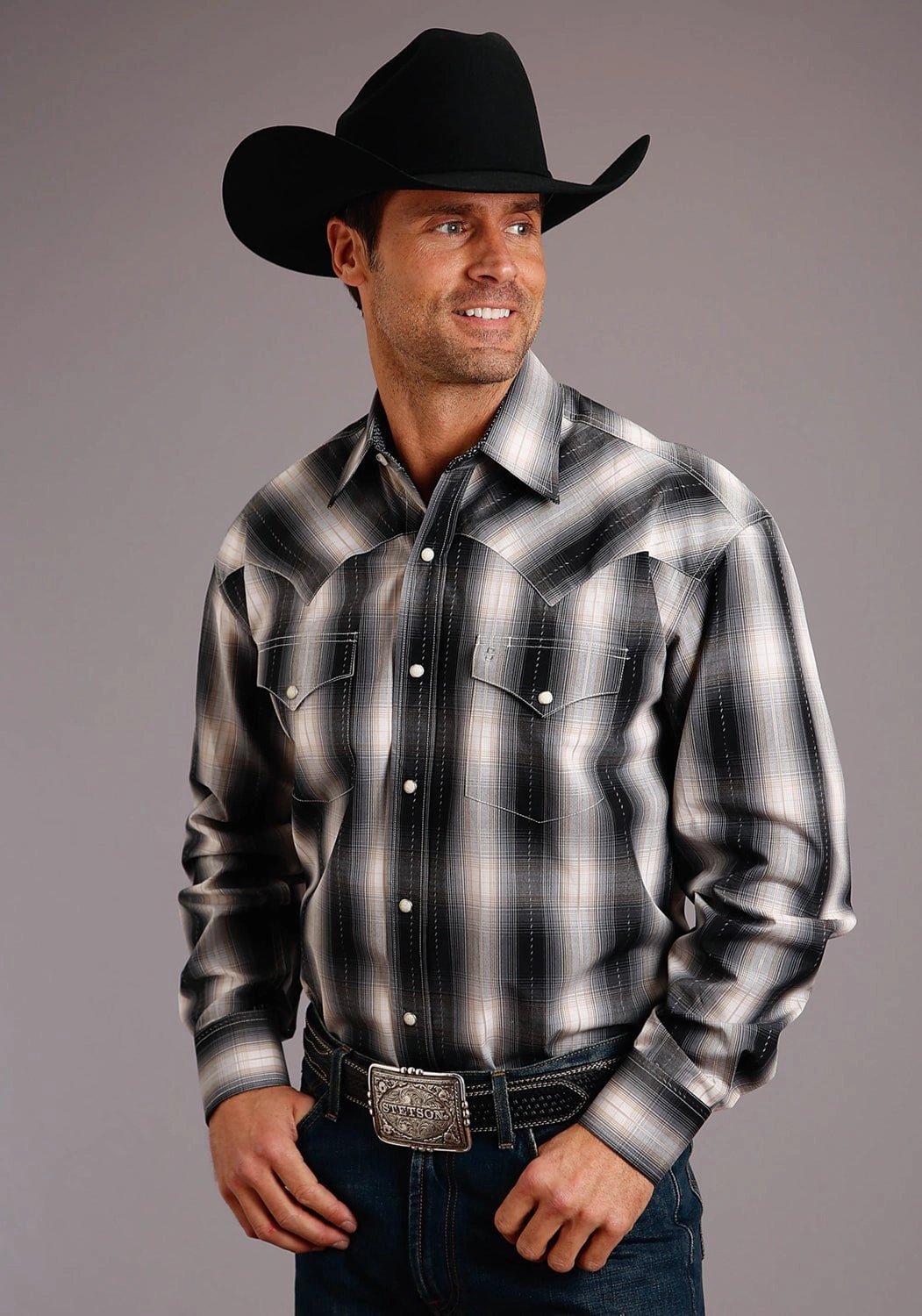 Anti Static Finish Camouflage Style Stetson Mens Dobby Ombre Black/White 100% Cotton Tall L/S Shirt