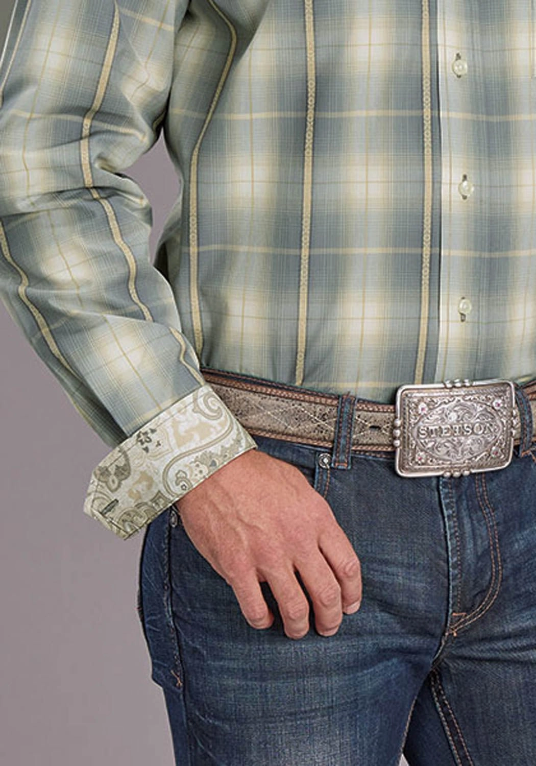 Seamless construction Slim Silhouette Stetson Mens Gold Dust Ombre Grey 100% Cotton 1 Pkt L/S Shirt