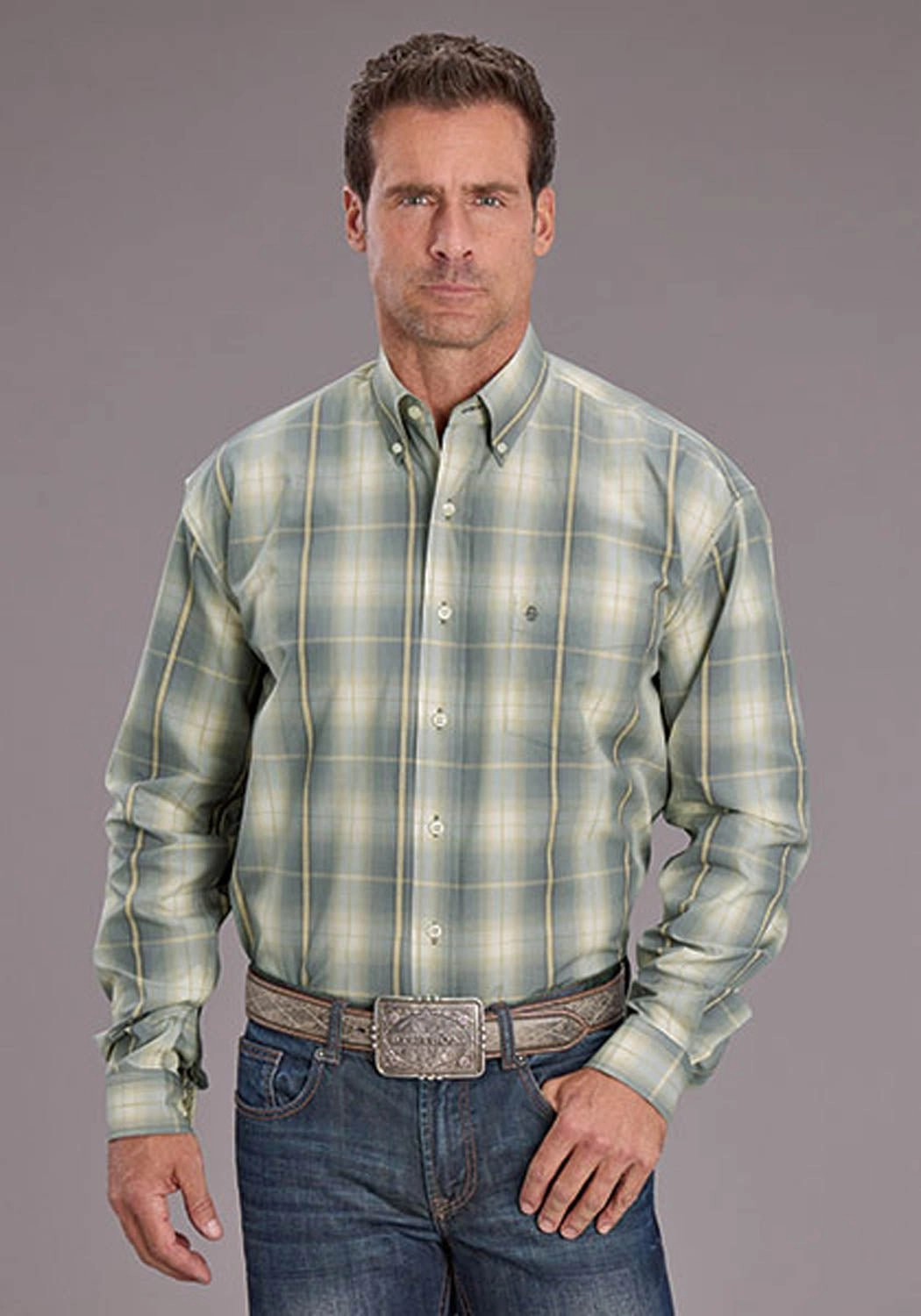 Layered Collar All-day Comfort Stetson Mens Gold Dust Ombre Grey 100% Cotton 1 Pkt L/S Shirt