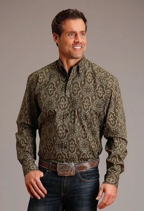 Stetson Mens Grandiose Paisley Brown 100% Cotton L/S Shirt Reinforced Elasticity Travelers Choice