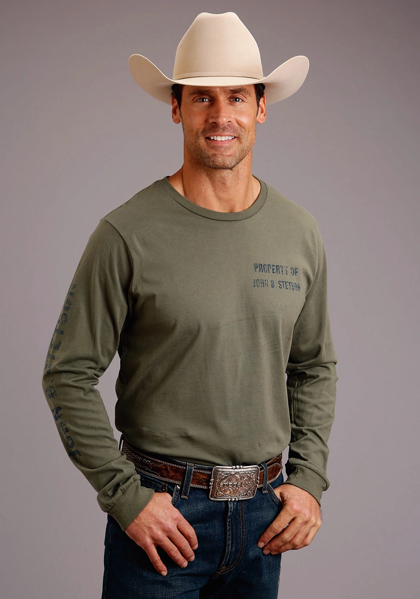 Stetson Mens Green 100% Cotton Property Of L/S T-Shirt Tuckable Hem Thermal Regulation Fabric