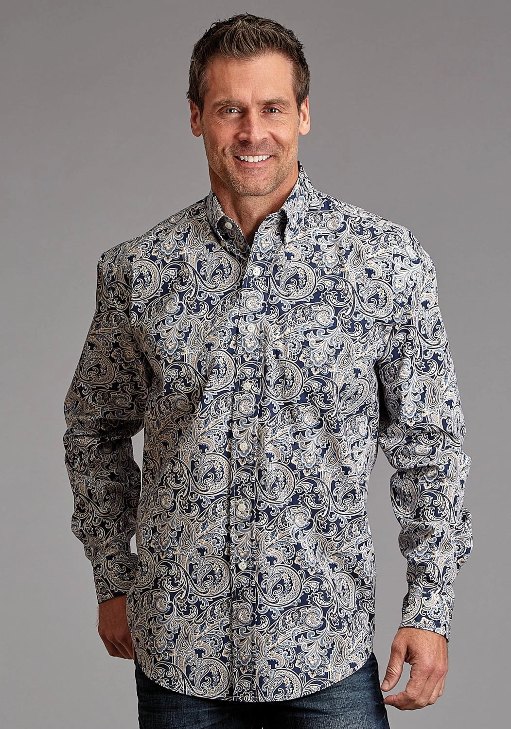 Stetson Mens Greenspring Paisley Blue 100% Cotton L/S Shirt High Density Weave Night Out