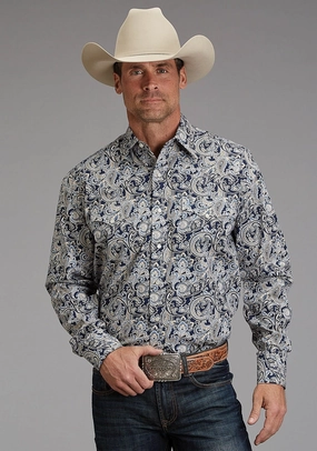 No Bulk Layering System Stetson Mens Greenspring Paisley Blue 100% Cotton L/S Shirt