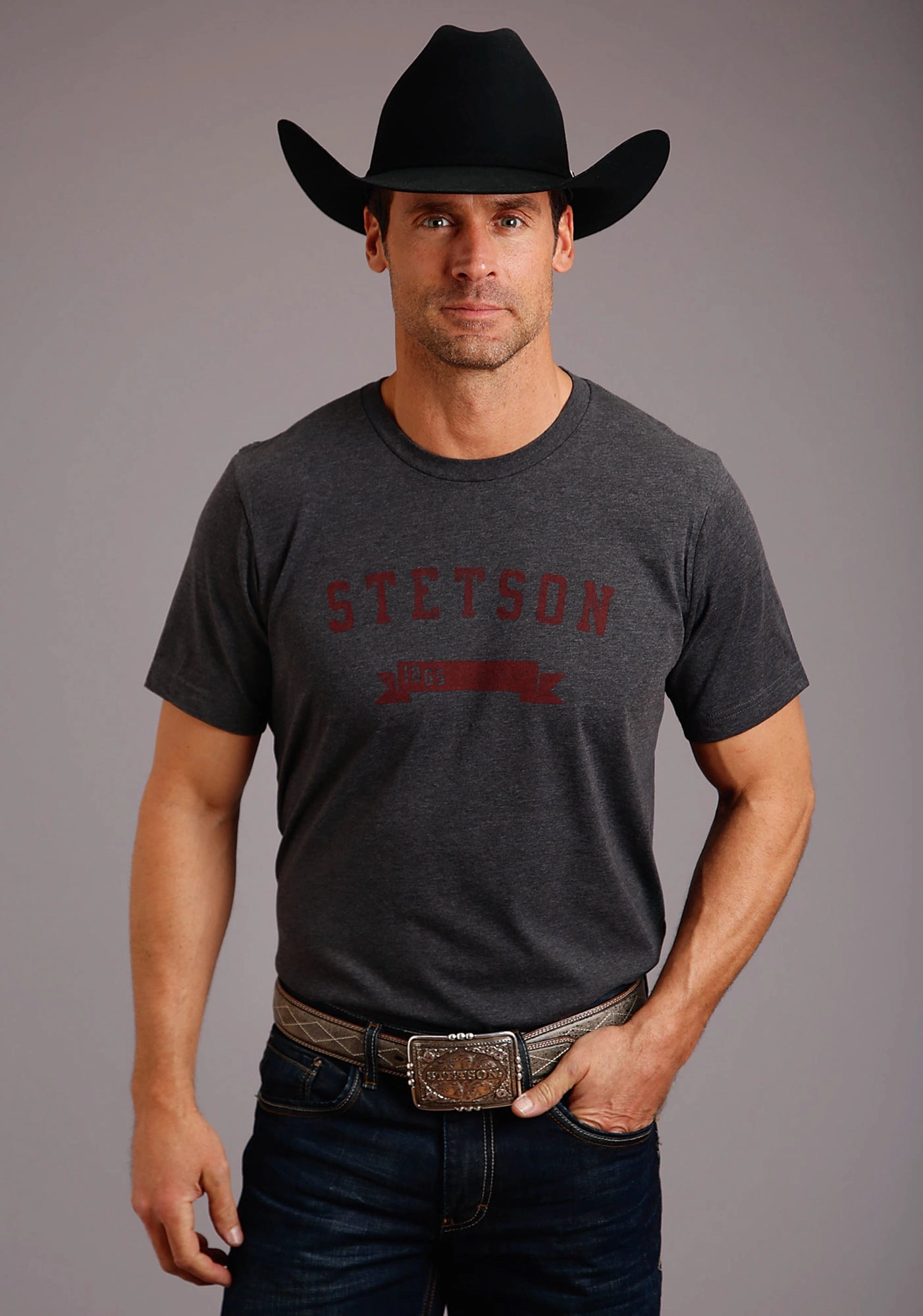 Stetson Mens Grey Cotton Blend 1865 Logo S/S T-Shirt Corporate Event
