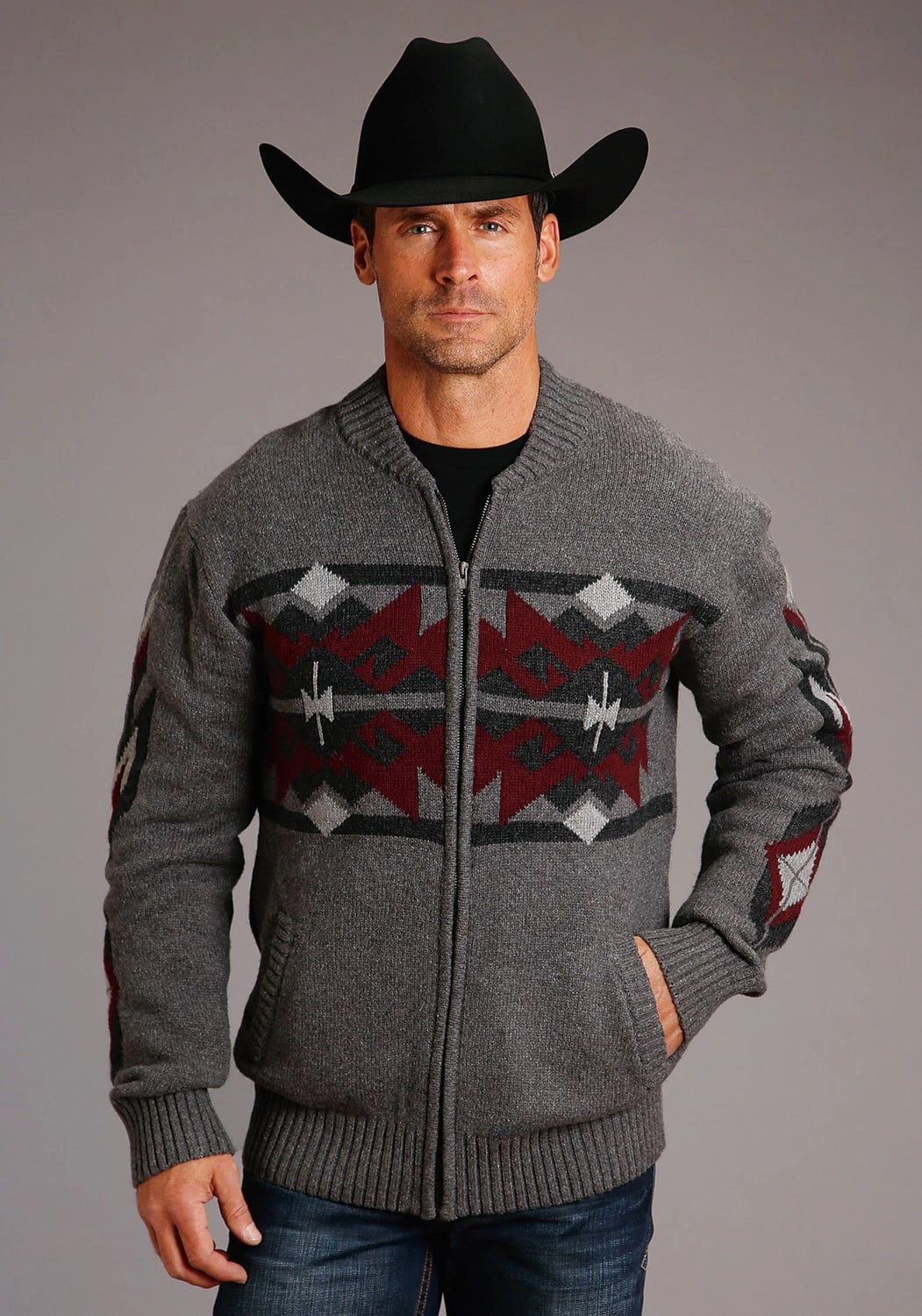 Thermal Regulation Fabric Flexible Placket Structure Stetson Mens Grey/Red Cotton/Wool Aztec Pattern Cardigan