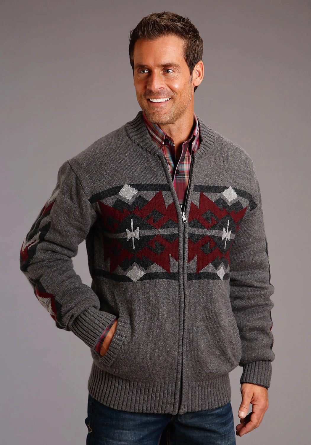 Breathable fabric Moisture Wicking Layer Stetson Mens Grey/Red Cotton/Wool Aztec Pattern Cardigan