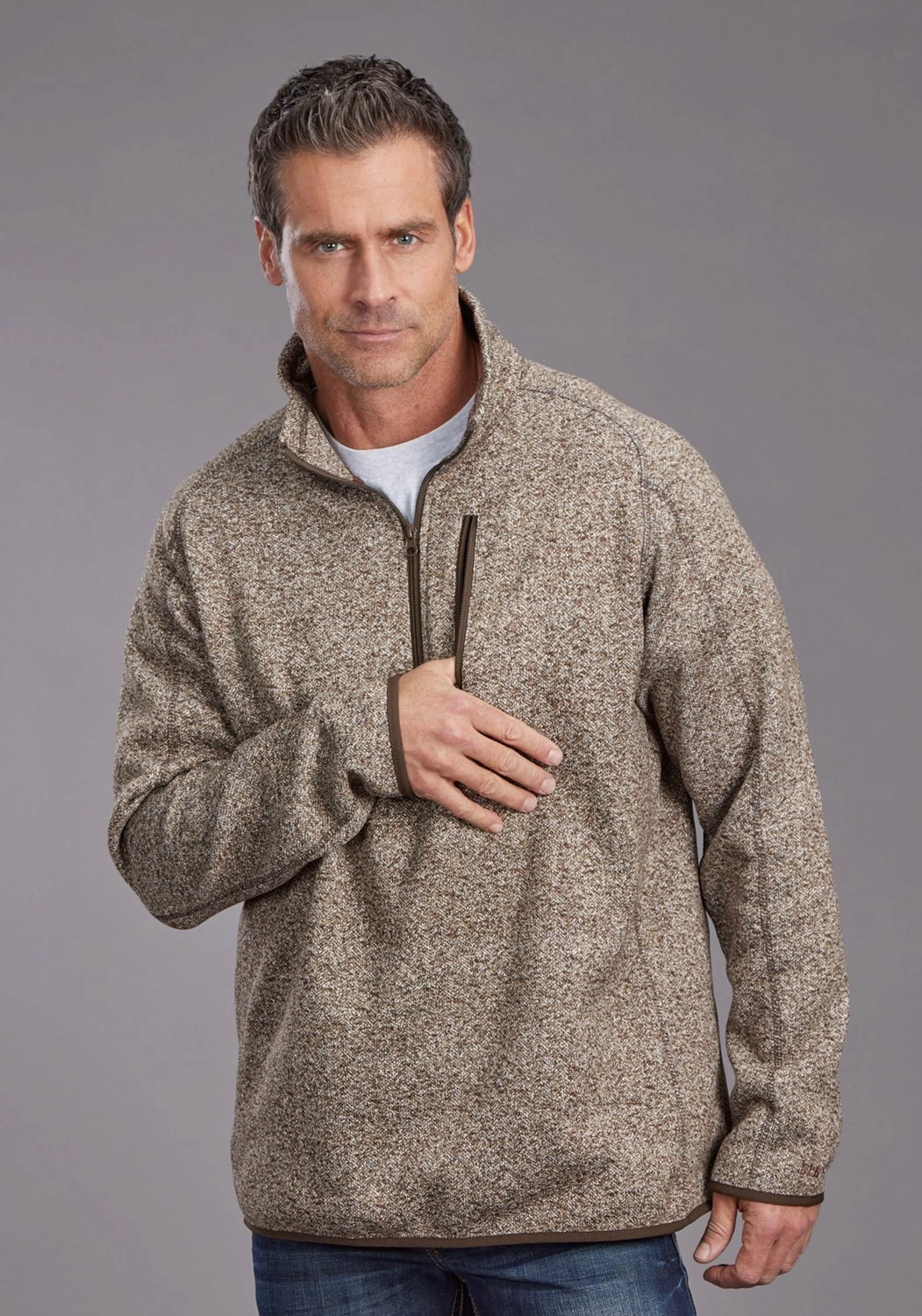 Stetson Mens Heather Herringbone Brown 100% Polyester Pullover Sweater Easy Care