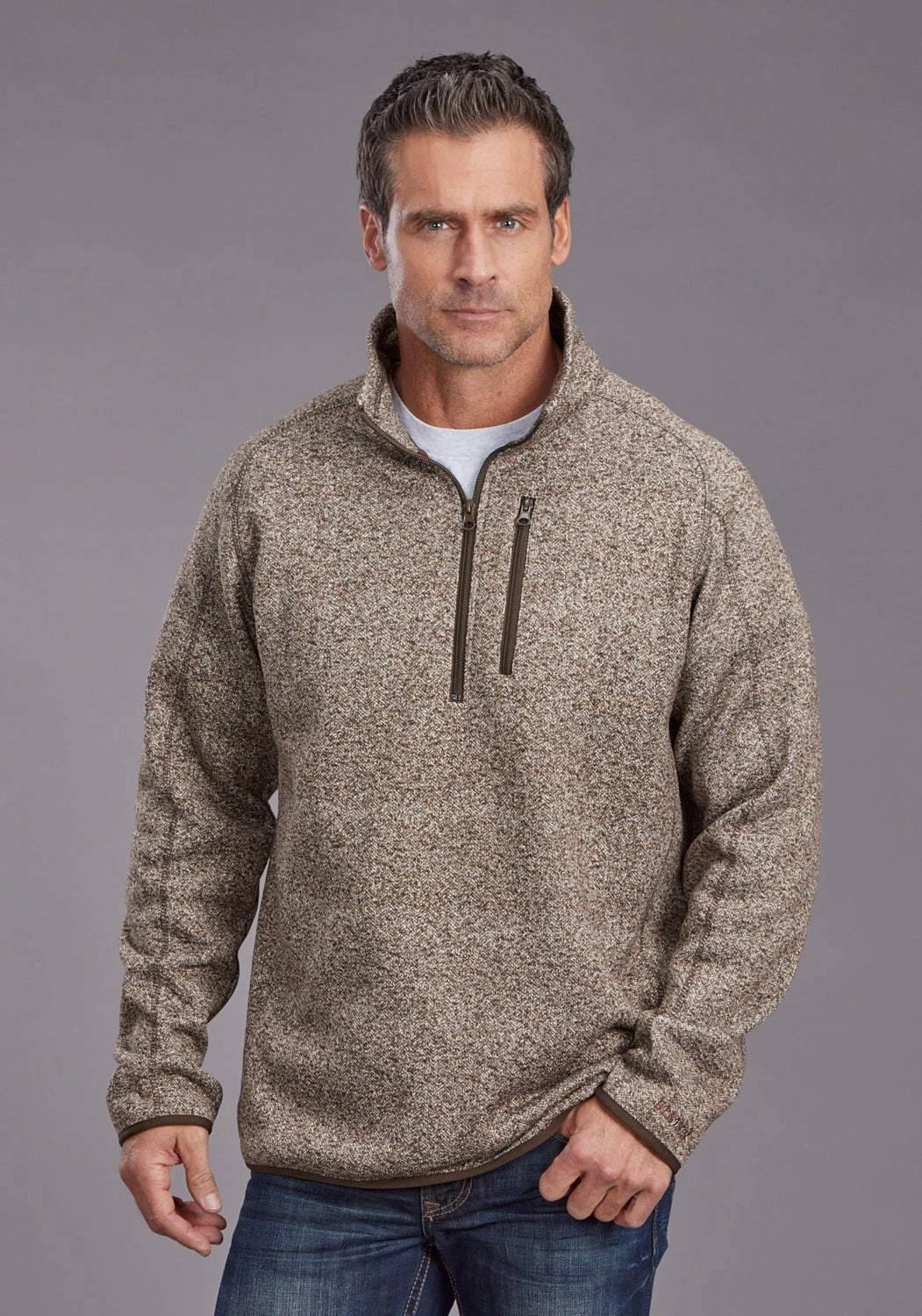 No Slip Shoulder Grip Durable Quality Stetson Mens Heather Herringbone Brown 100% Polyester Pullover Sweater