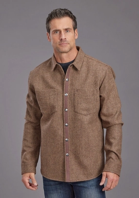 Stetson Mens Herringbone Jacket Brown Poly/Wool L/S Shirt high-low hem Smooth Cotton Blend