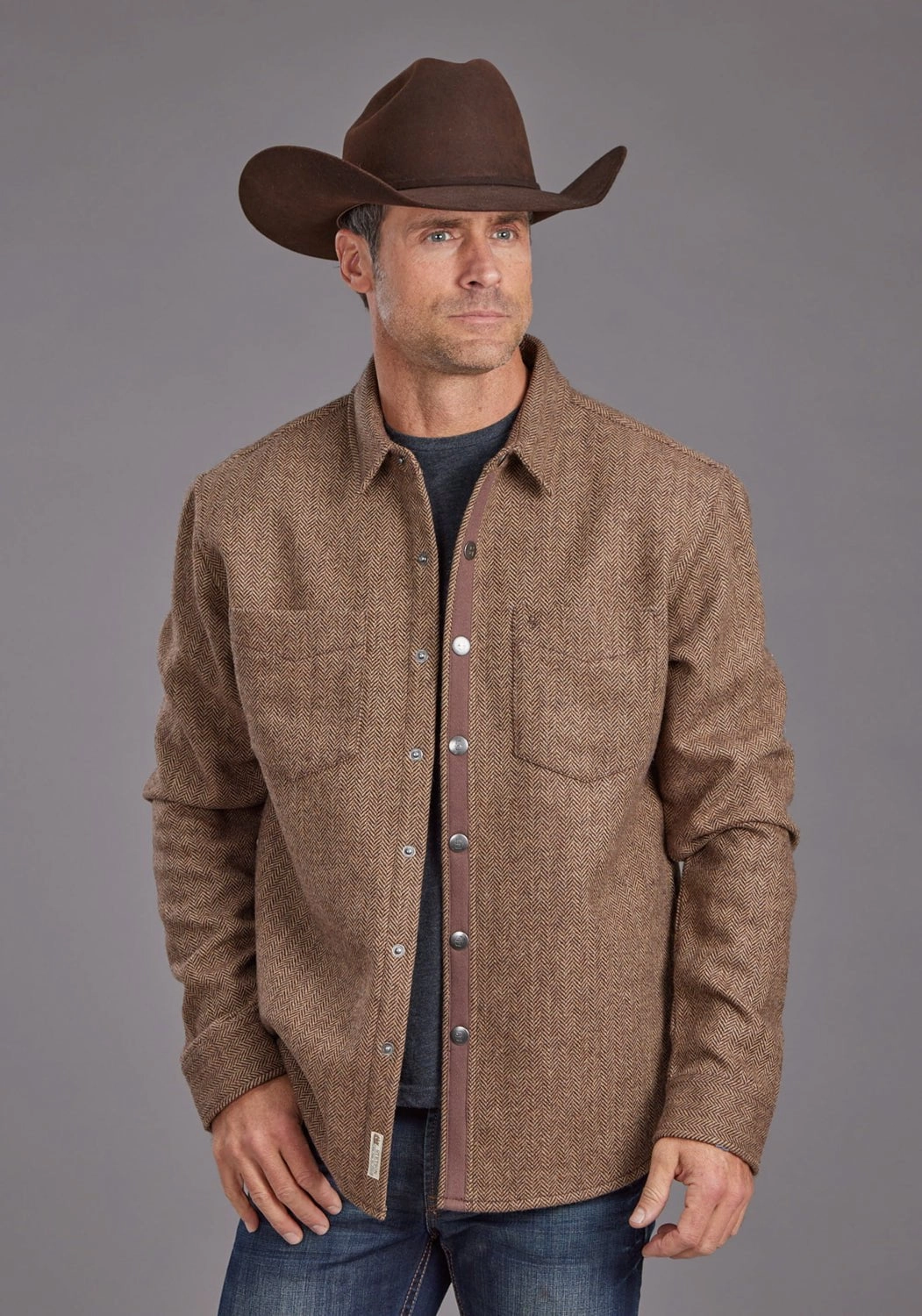 All-day Comfort Tailored Style Stetson Mens Herringbone Jacket Brown Poly/Wool L/S Shirt