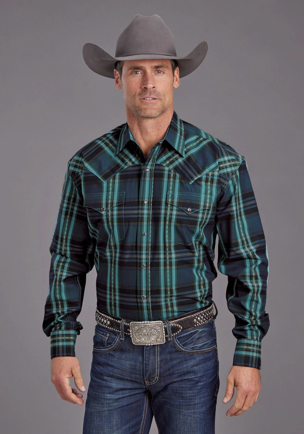 Stetson Mens Lake Dobby Blue 100% Cotton L/S Shirt All Purpose Weave Design