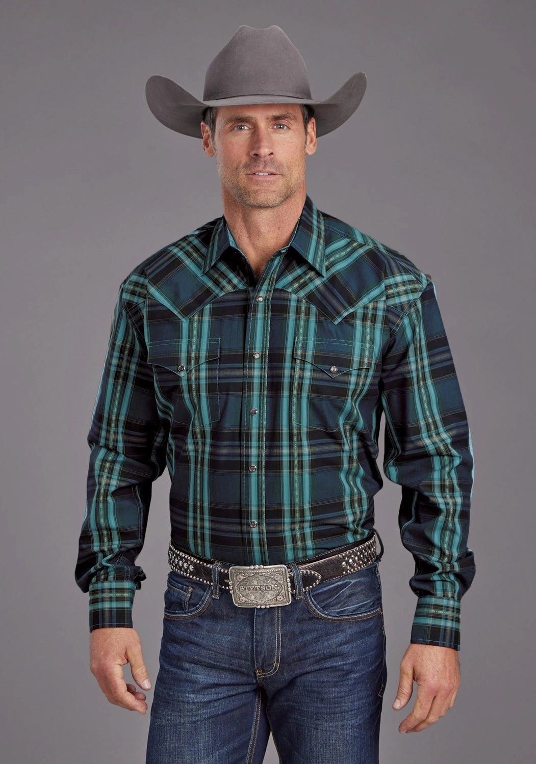 Stetson Mens Lake Dobby Blue 100% Cotton L/S Shirt Breathable fabric