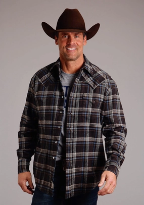 Seamless construction Ventilated Back Panel Stetson Mens Light Blue Plaid Brown 100% Cotton L/S Shirt
