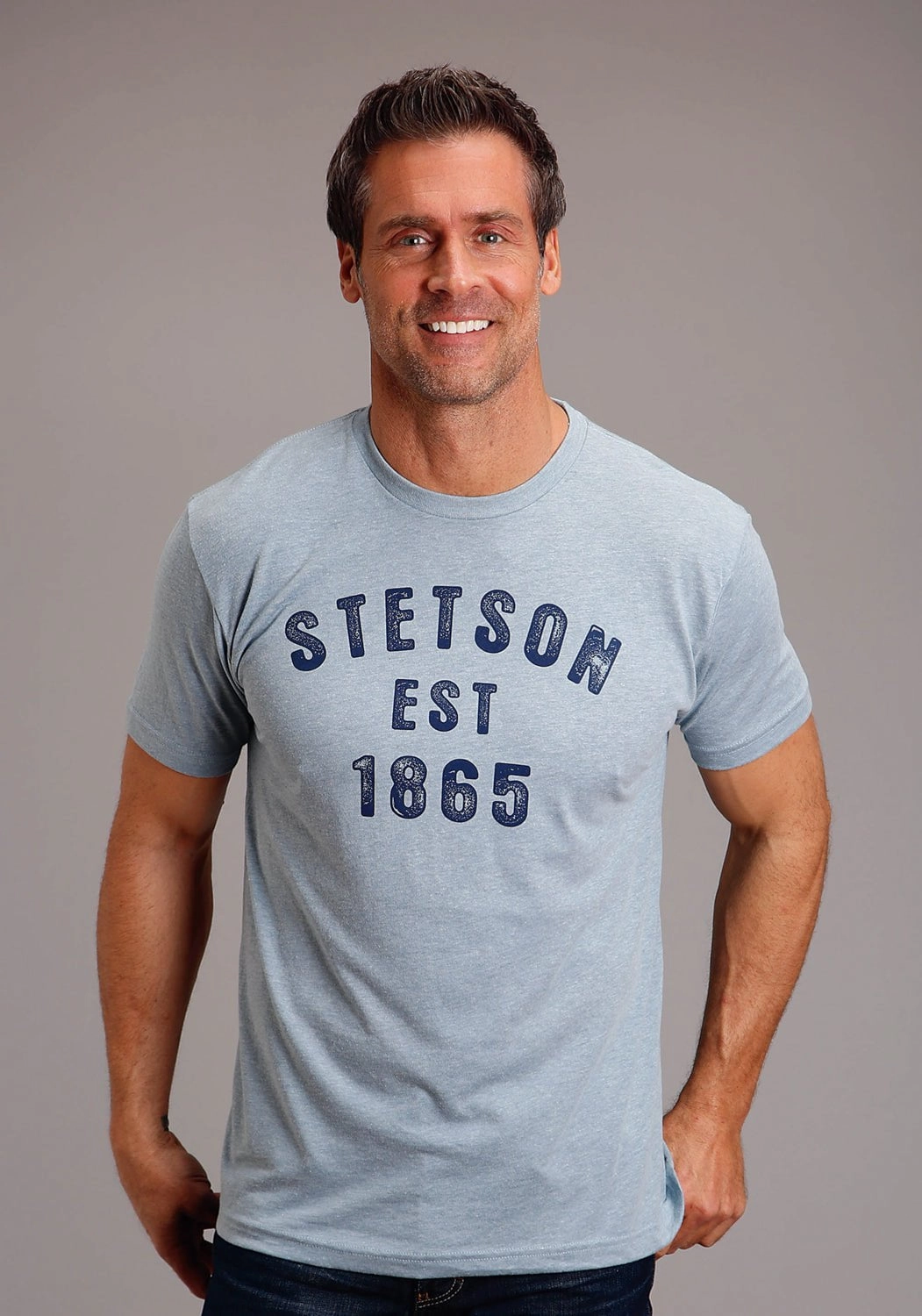 Stetson Mens Light Denim Cotton Blend Block Letters S/S T-Shirt Cooling Mesh Lining