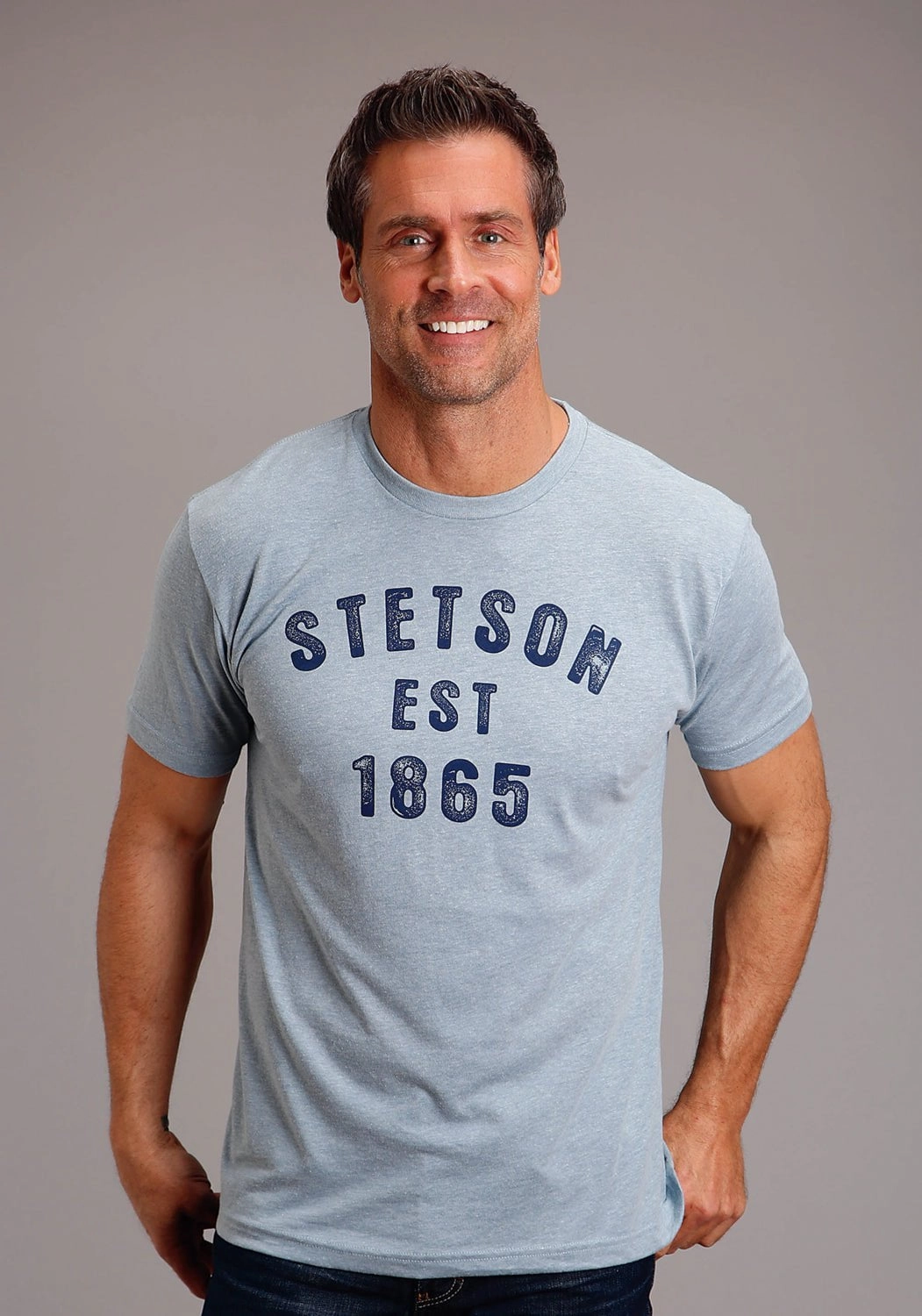 Stetson Mens Light Denim Cotton Blend Block Letters S/S T-Shirt Trendy Vibes Stretchy Cloth