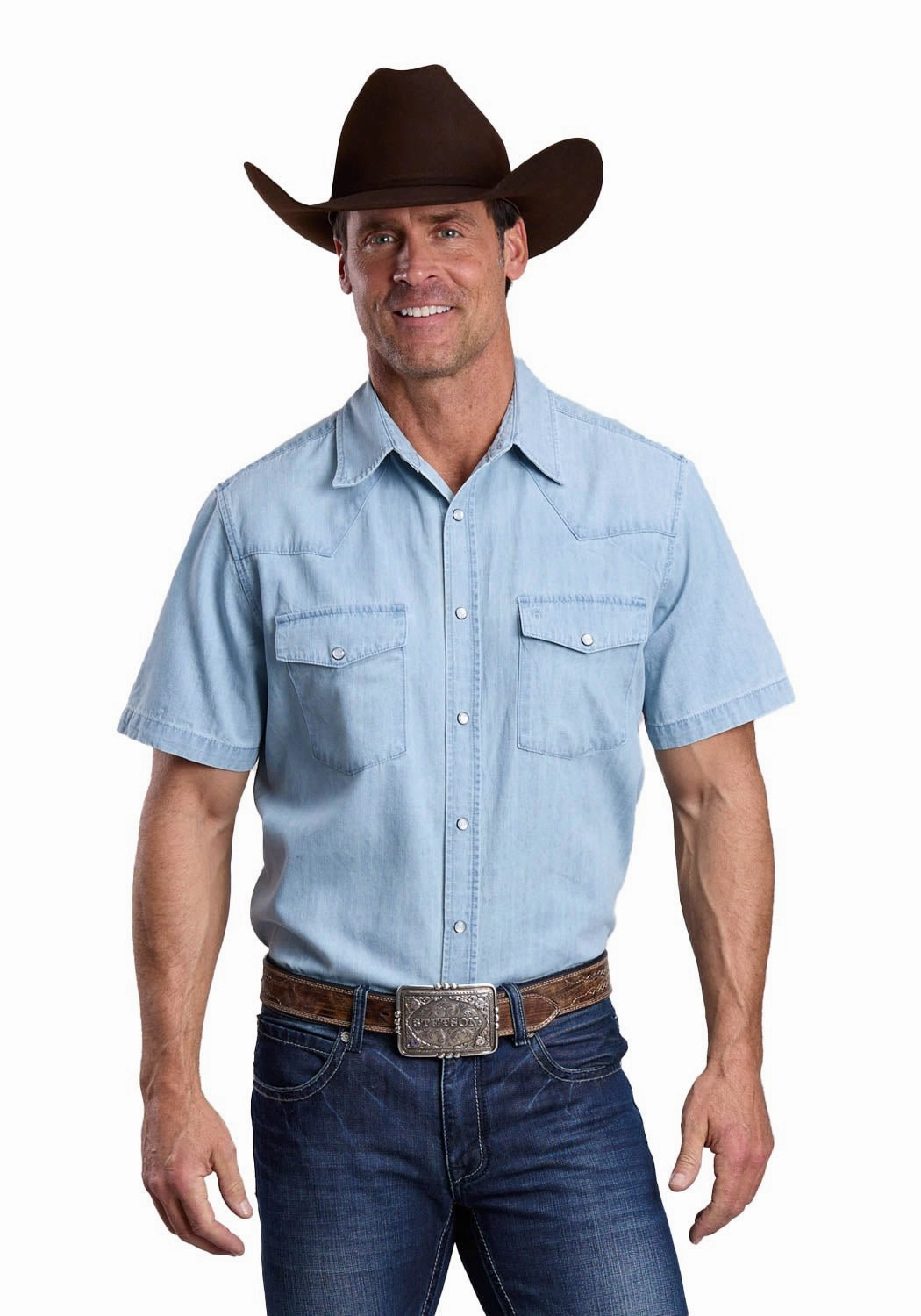 Non Iron Fabric Stetson Mens Lightweight Chambray Blue 100% Cotton S/S Shirt