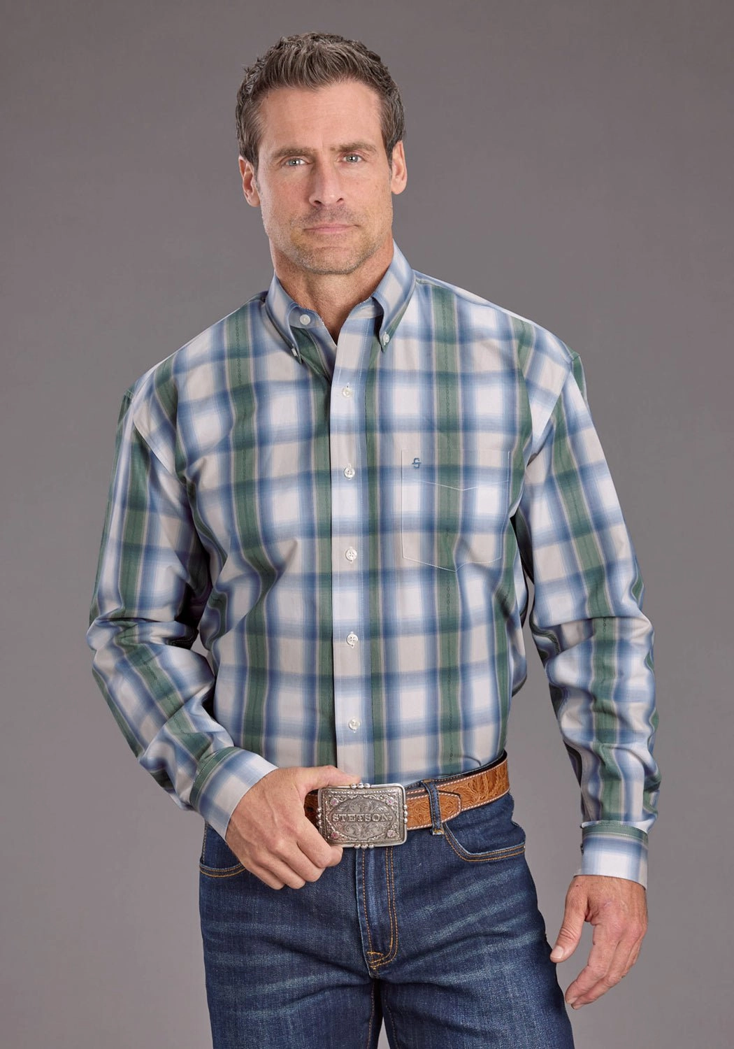 Stetson Mens Moss Dobby Plaid Blue 100% Cotton 1 Pkt L/S Shirt Thermal regulation