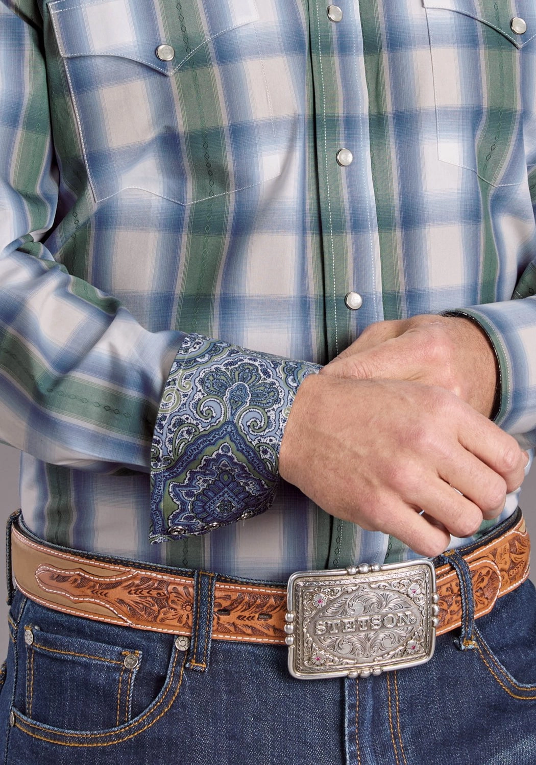 Durable Stitching Stetson Mens Moss Dobby Plaid Blue 100% Cotton L/S Shirt