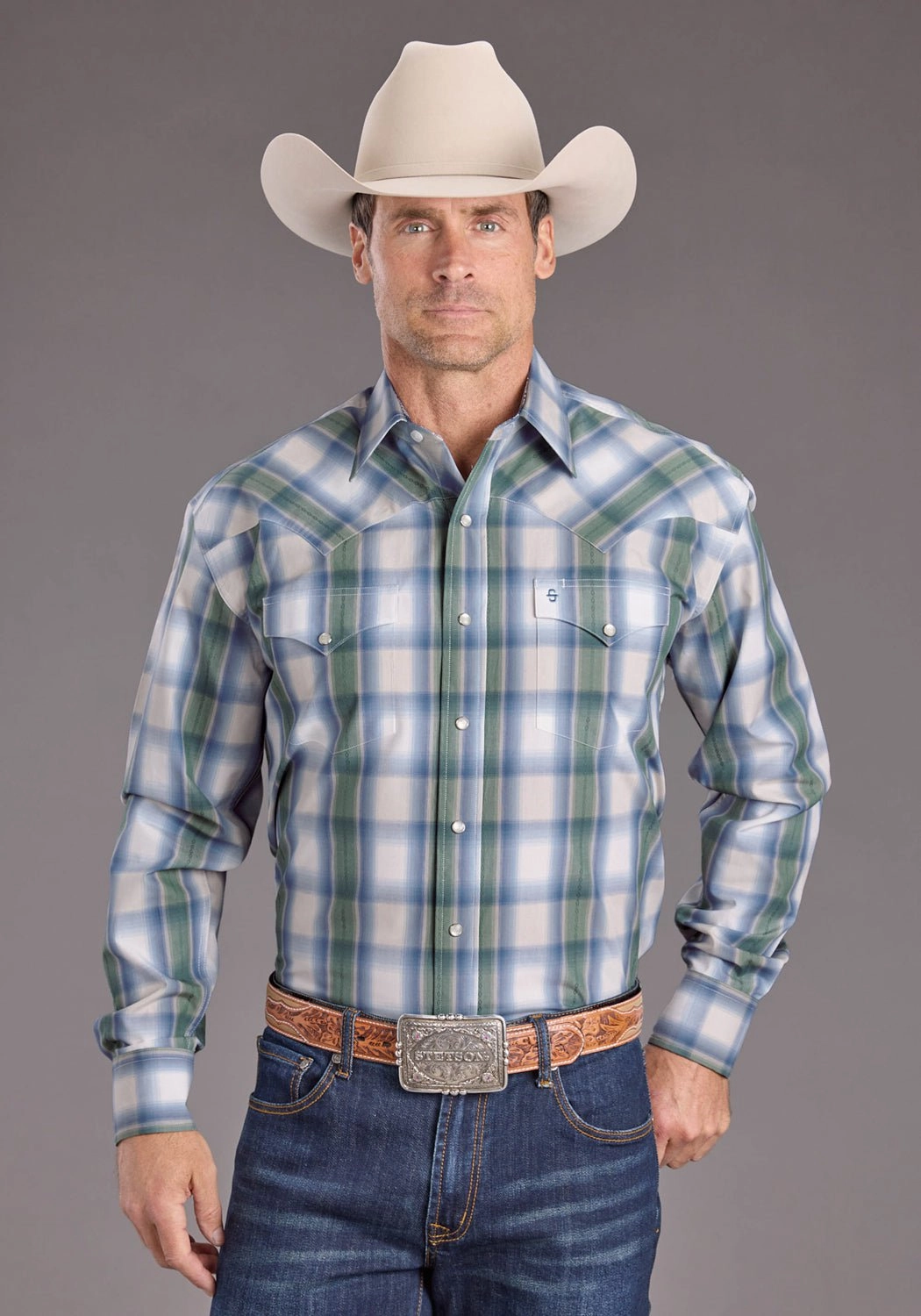 Stetson Mens Moss Dobby Plaid Blue 100% Cotton L/S Shirt Timeless Classic Low Profile Pocket Design