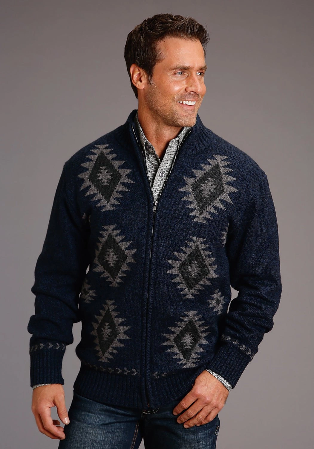 Stetson Mens Navy/Grey Cotton/Wool Aztec Pattern Cardigan Functional Wear Corporate Event