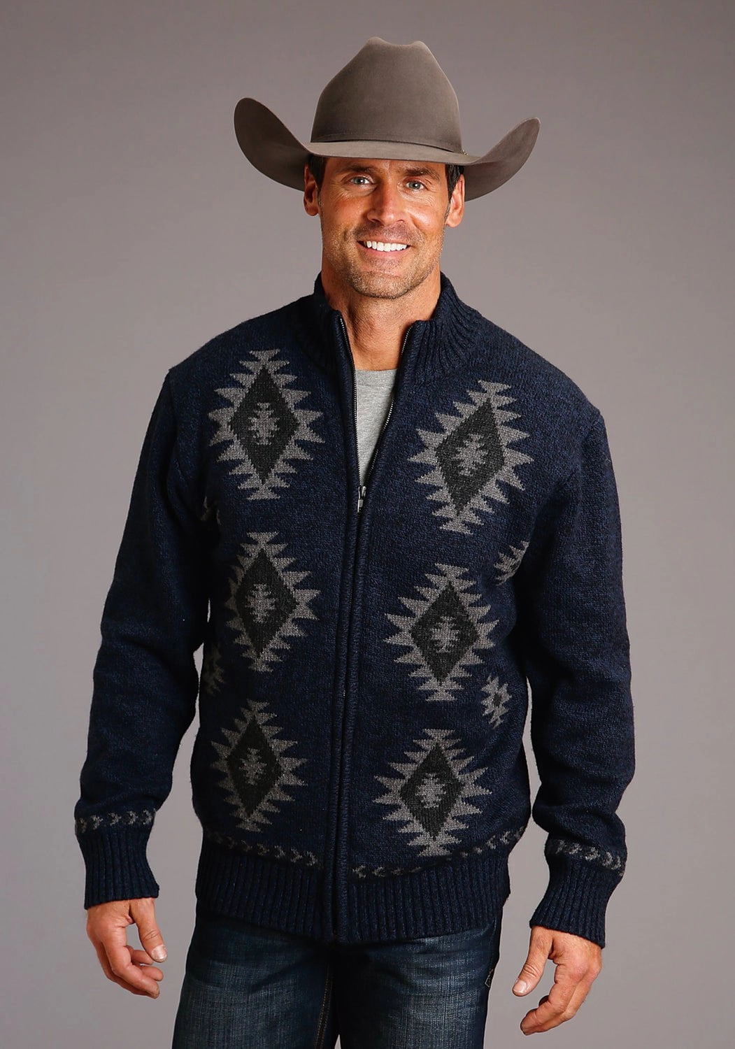 Stetson Mens Navy/Grey Cotton/Wool Aztec Pattern Cardigan Statement Maker